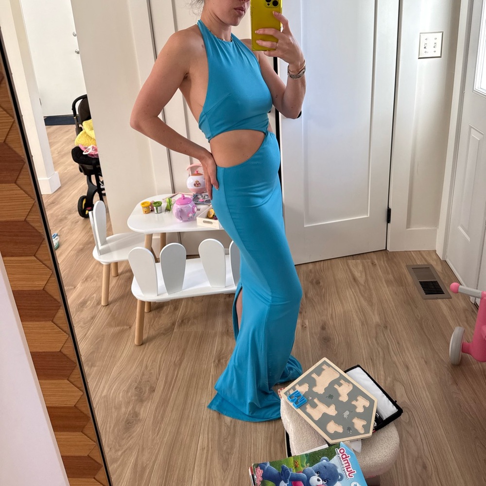 Retrofête Turquoise Cutout Halter Maxi Dress